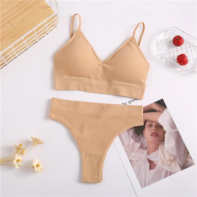 Thong + Bra Women Sexy Underwear Brassiere Female Tops Panties Bralette Intimates Lingerie Stretchy Ribbed Tank Crop Tops Set