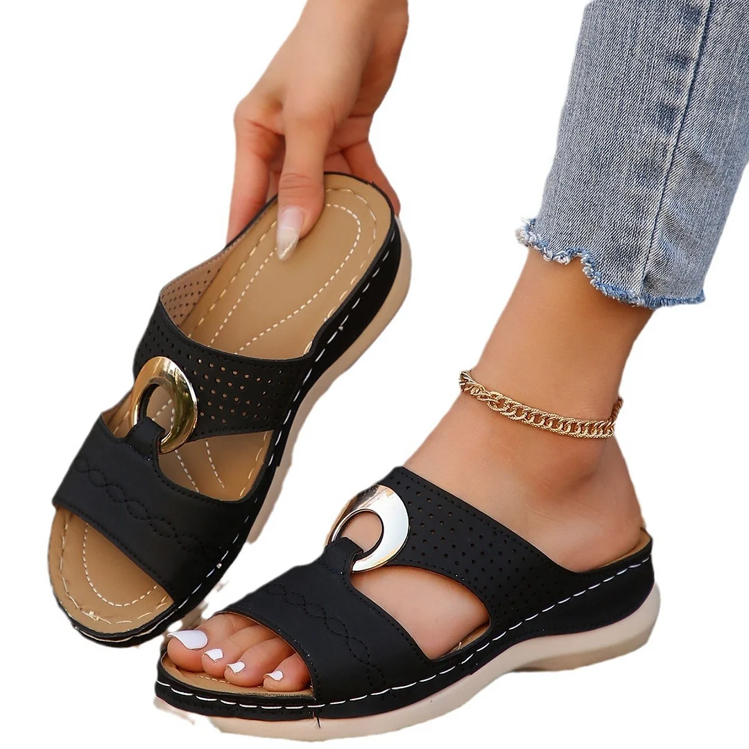 Yyvonne Large Women's Shoes Casual Pedaling Car Sewing Metal Buckle Slippers Slope And Thick Bottom Hollow Slippers