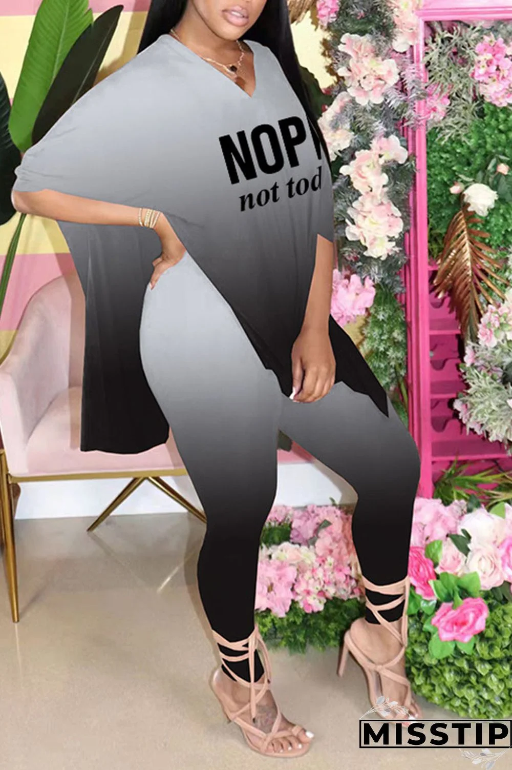 Black Casual Print Patchwork V Neck Short Sleeve Two Pieces