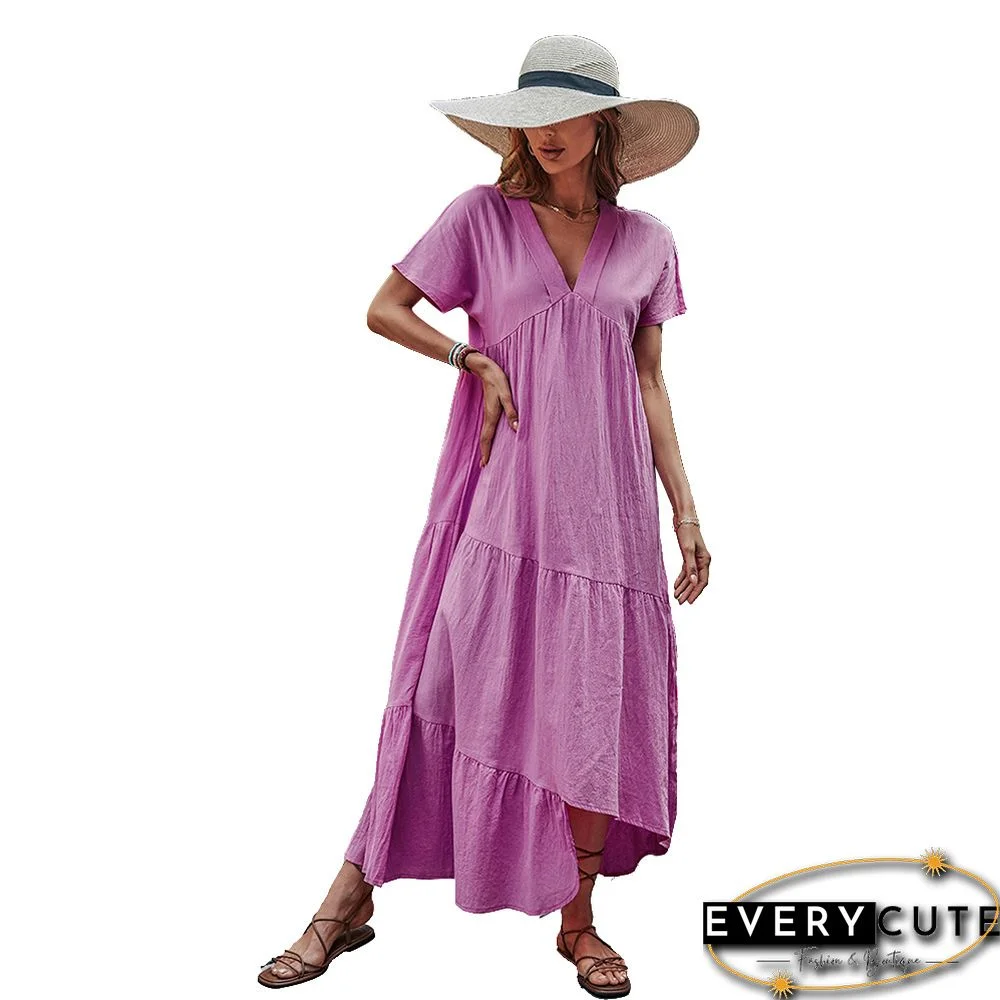 Chic Asymmetric Hem Long Dresses For Women Summer Dress New Elegant V-Neck Loose Solid V-Neck Cotton A-line Dress