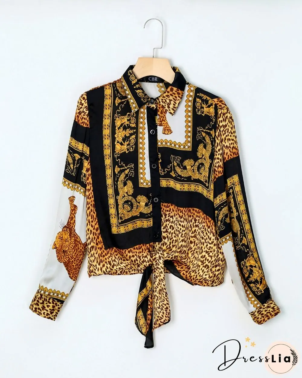 Leopard Print Knot Front Long Sleeve Blouse