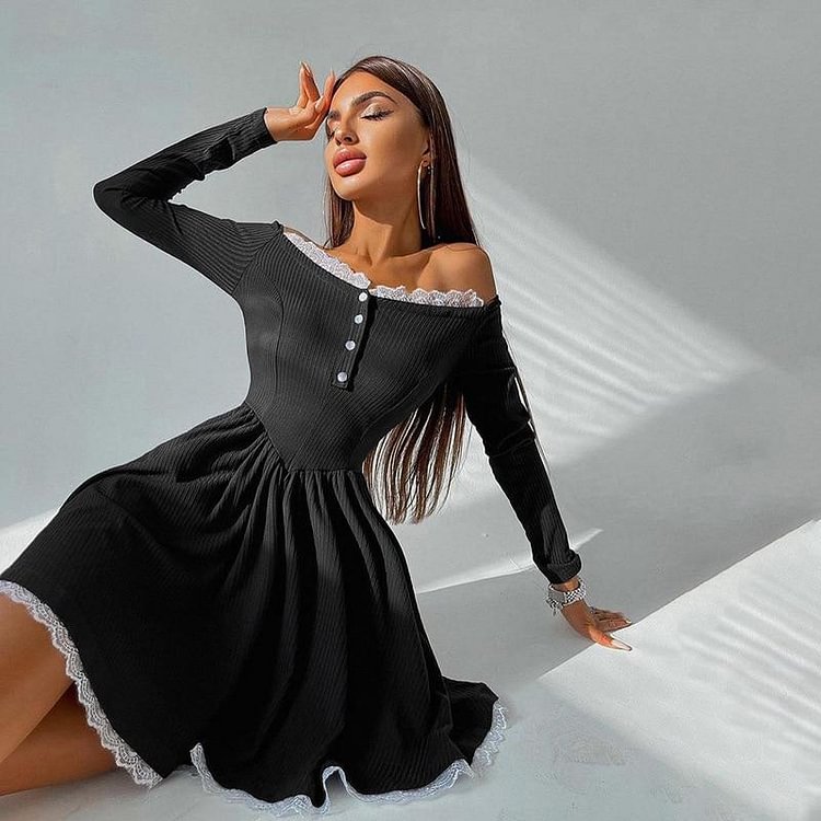 GOTH OFF SHOULDER LACE TRIM LONG SLEEVE MINI DRESS