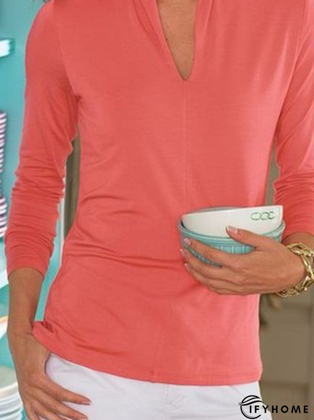 V Neck Casual Long sleeve Plain T-Shirt | IFYHOME
