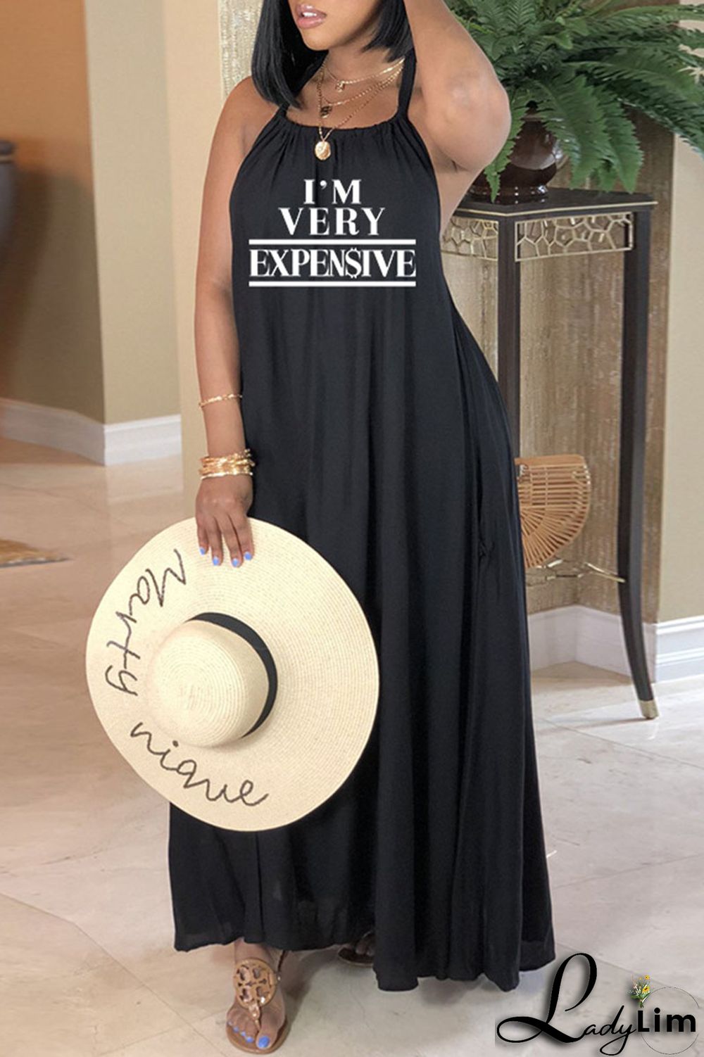 Black Sexy Print Split Joint Backless Halter Straight Dresses