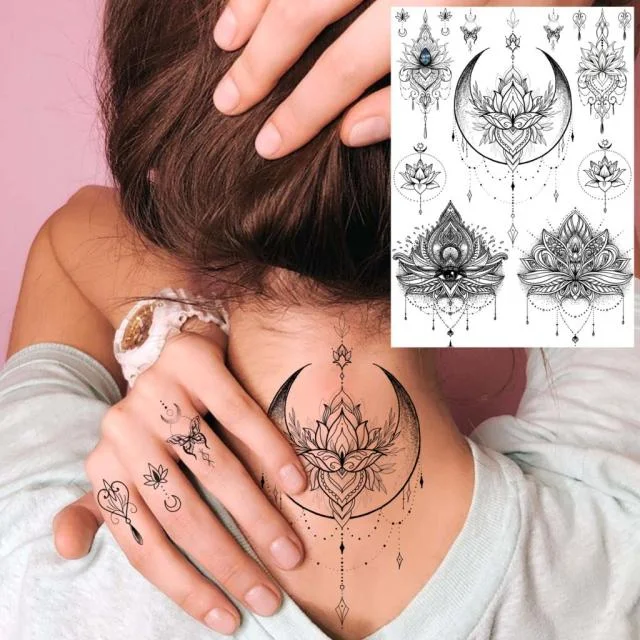 REJASKI Black Henna Lace Temporary Tattoos Sticker For WOmen Butterfly Moth Mehndi Flower Fake Tatoo Sticker Feather Flora Tatoo