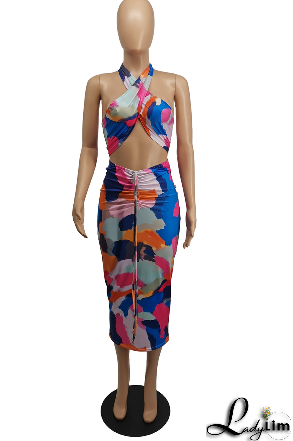 Blue Sexy Print Split Joint Halter Sleeveless Two Pieces
