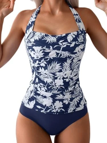 Womens Halter Ruched Tummy Control Two Piece Tankini 