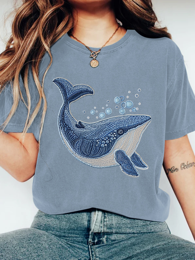 Comstylish Vintage Whale Embroidered Crew Neck T-Shirt