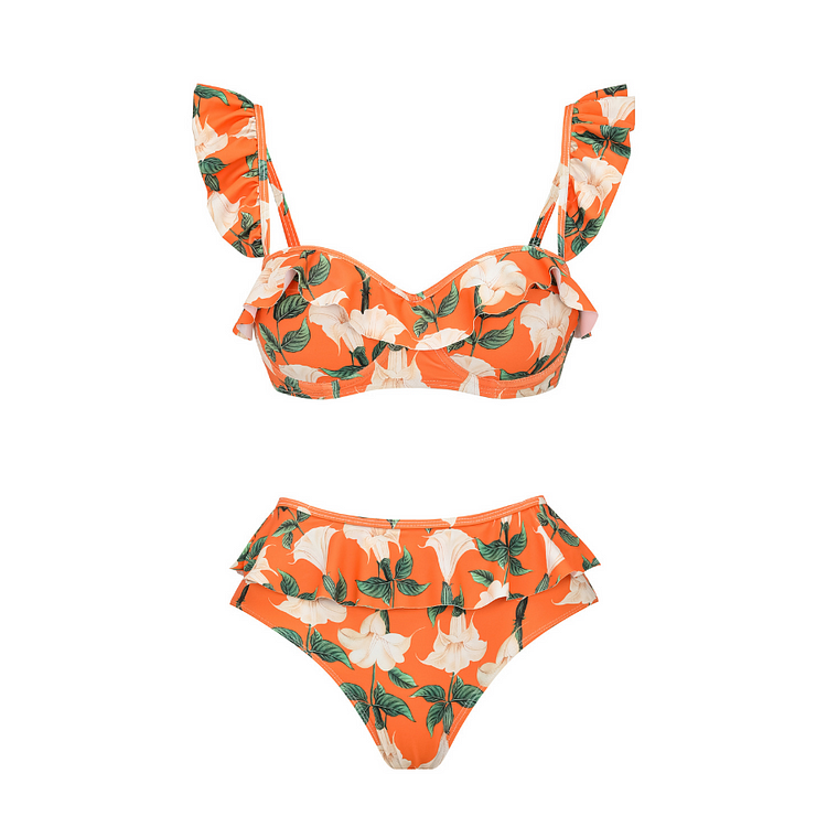 Ruffle Starp Floral Print Bikini Swimsuit and Sarong Flaxmaker 