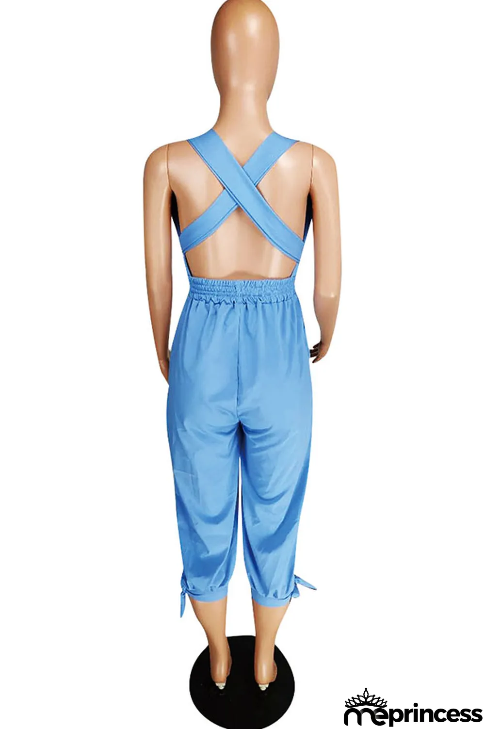 Light Blue Fashion Sexy Solid Patchwork Polyester Sleeveless V Neck