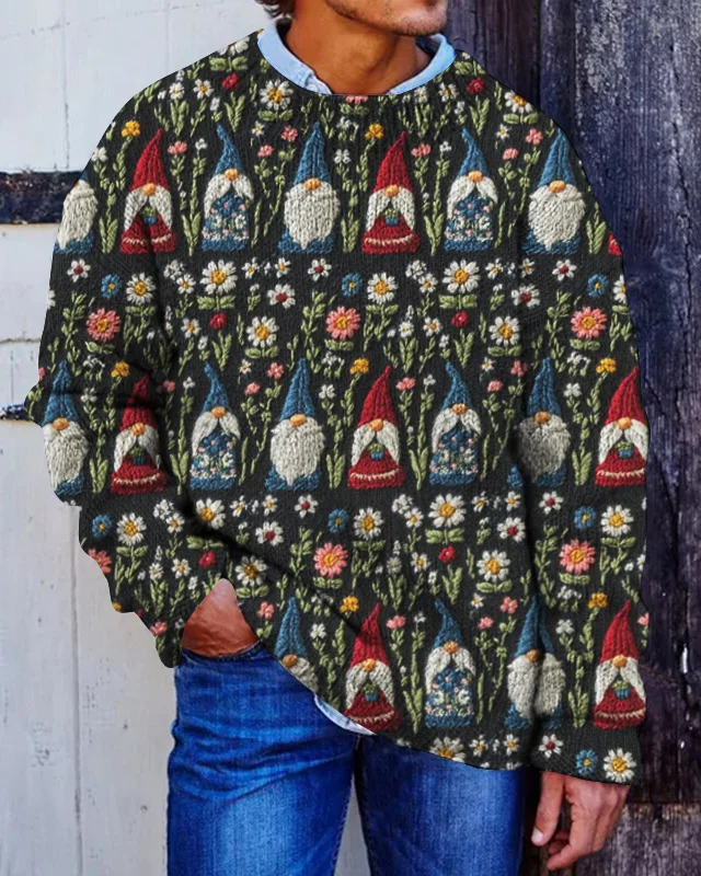 Men's Christmas Gnomes Floral Felt Embroidery Print Knit Sweatshirt