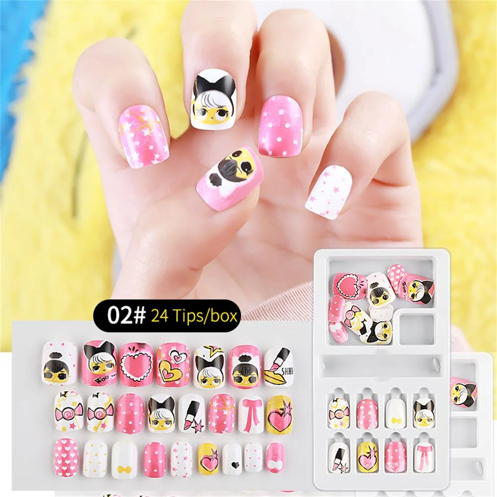 24Pcs/Set Press on Children Candy False Nail Tips Cartoon Full Cover Kid Pink Fake Nail Art for Little Girls Manicure Tool-Nail Inspo