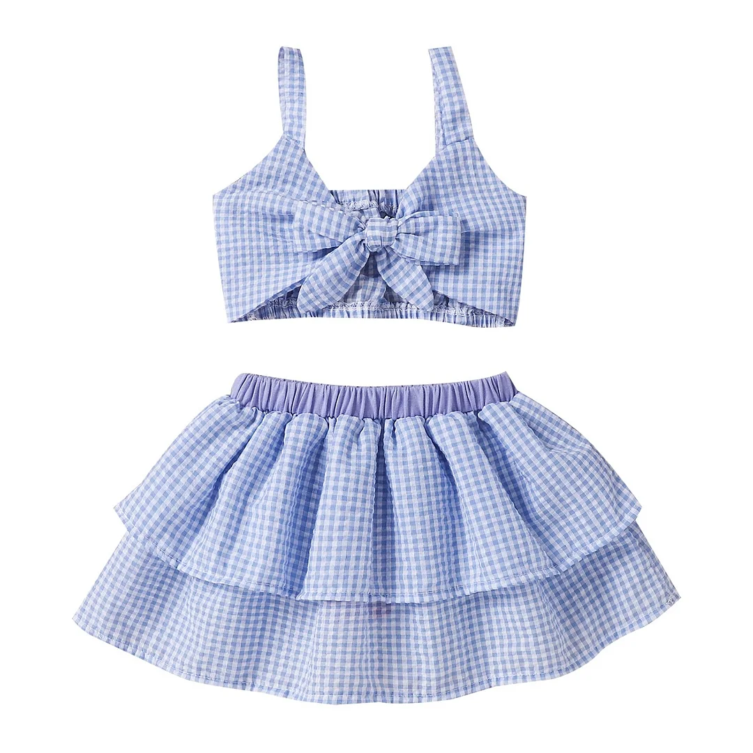 2 Pieces Kids Plaid Suit Set, Girls Plaid V-Neck Sleeveless Crop Tops Vest+ Short Skirt for Summer, Pink/Blue, 6 Months-3 Years