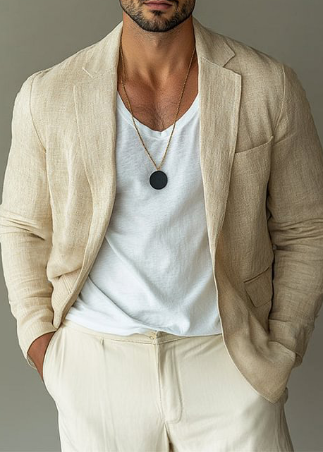 Men's Casual Apricot Cotton and Linen Notched Lapel Blazer