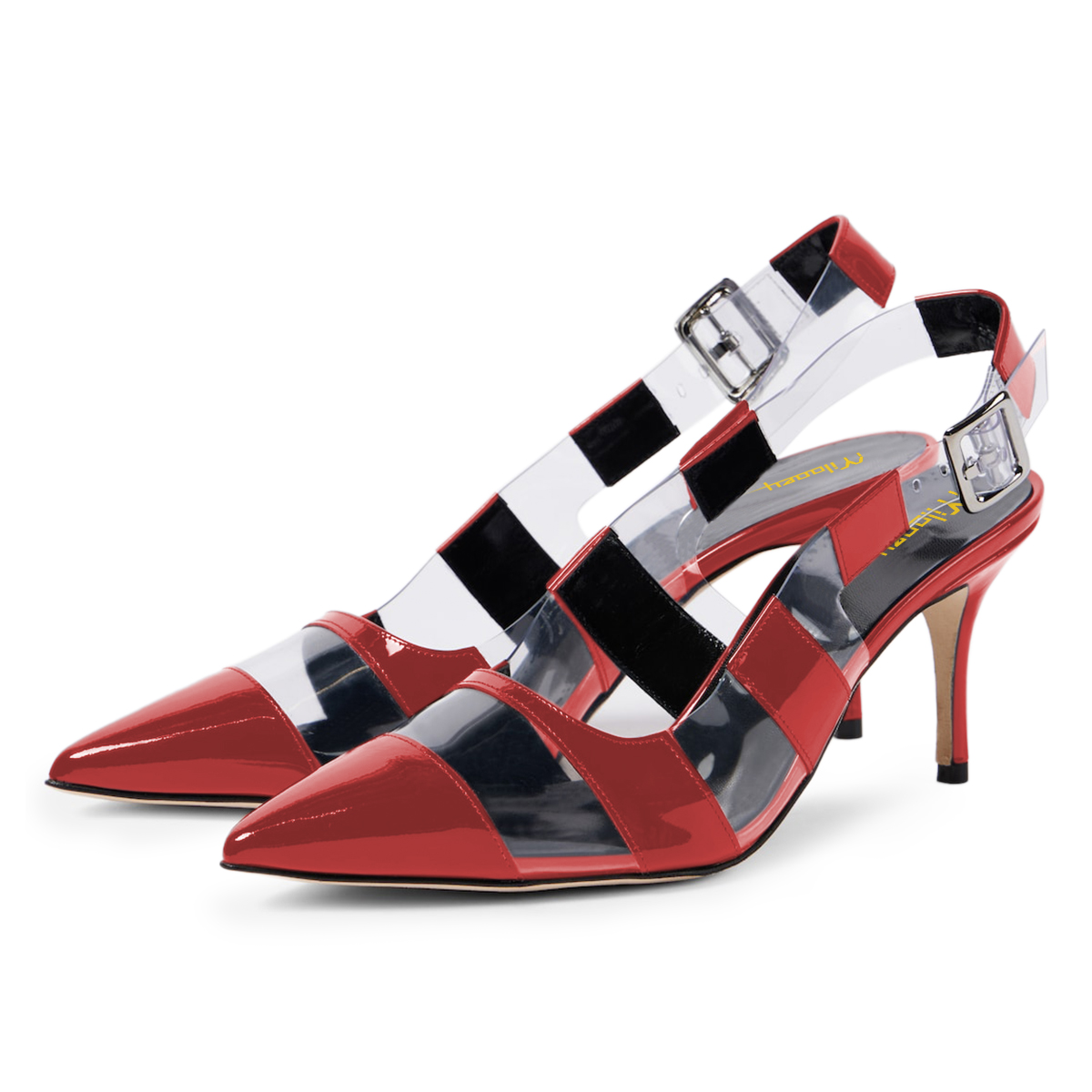 Red Pointed Toe Stiletto Heel Clear Striped Buckled Slingback Pumps Nicepairs