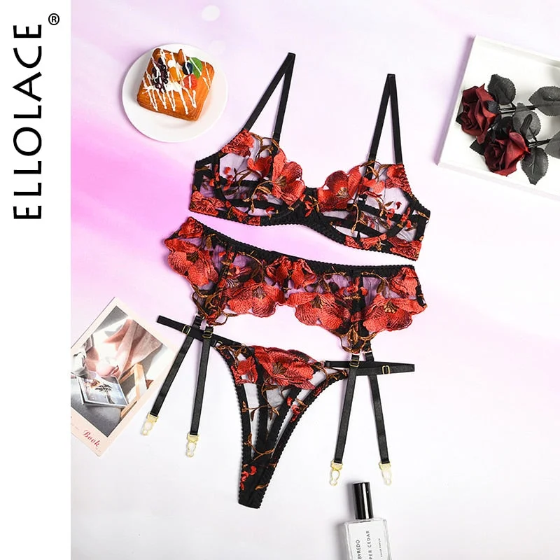 Ellolace Fancy Lingerie Sexy Underwear Lace Transparent Erotic Brief Sets Underwire Bra with Garters Floral Sensual Exotic Set