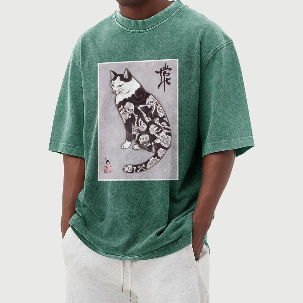 Skull Cat Washed Vintage Short Sleeves T-Shirt