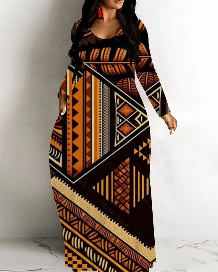 Ethnic Tribal Prints Loose Hem Long Sleeve Maxi Dress