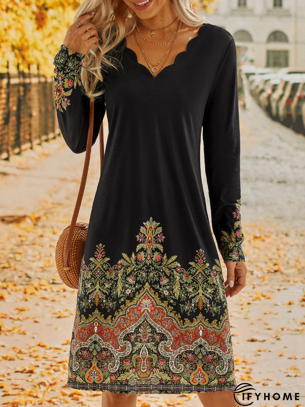 Long Sleeve Casual Printed Dress | IFYHOME