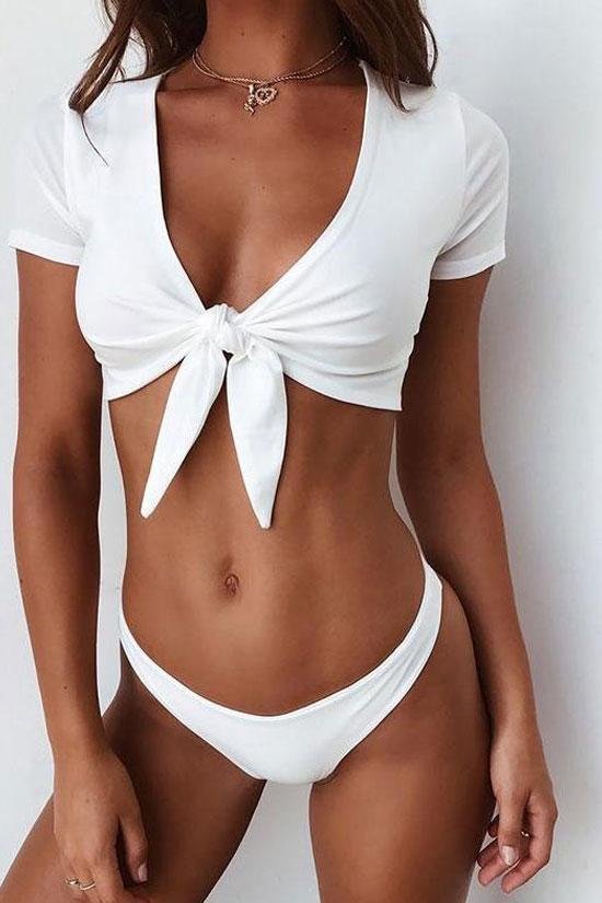 Solid Short Sleeve Knotted Bikini Swimsuit -  Two Piece Set-elleschic
