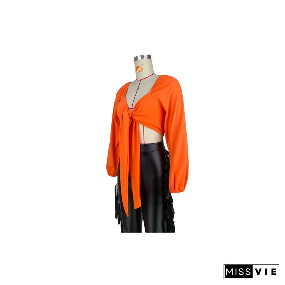 Solid Puff Long Sleeve Lace Up Shirts Crop Tops