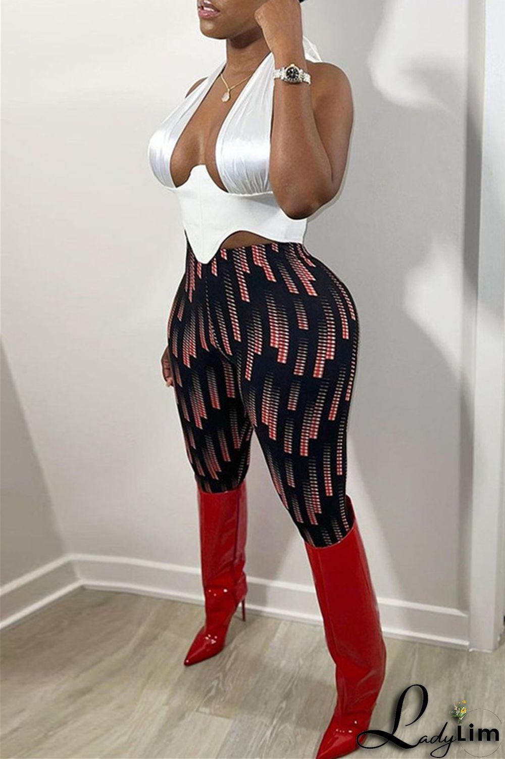 Yellow Fashion Casual Print Basic Skinny High Waist Pencil Trousers