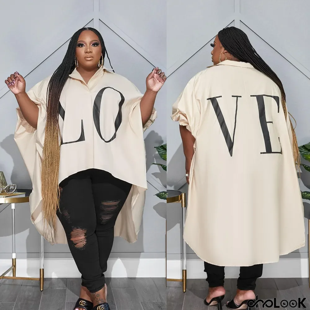 Plus Size Women Oversized Fitted Bat Sleeves Love Letter Print Shirt Dress