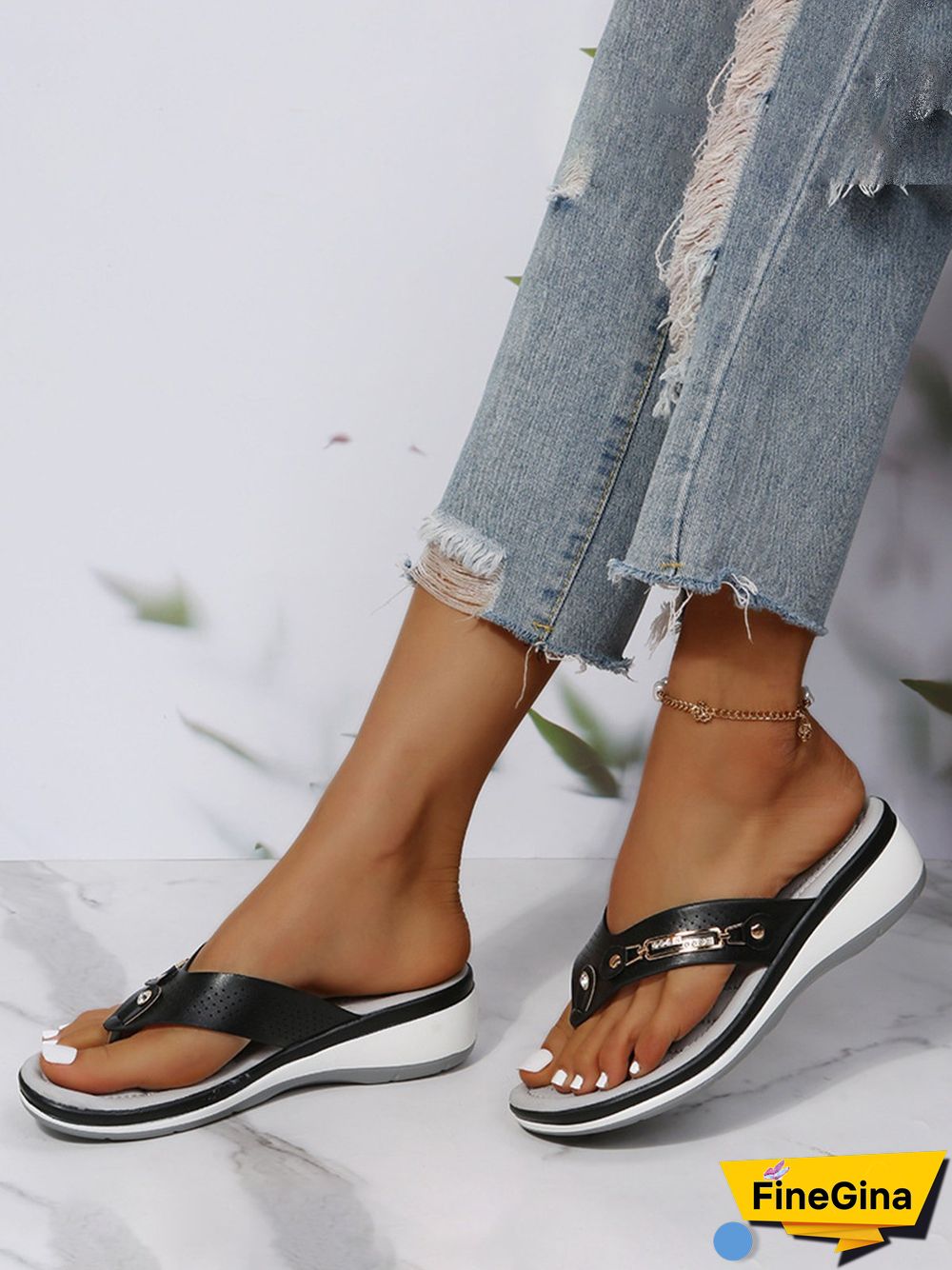 Metal Rhinestone Slope Heel Flip-Flops