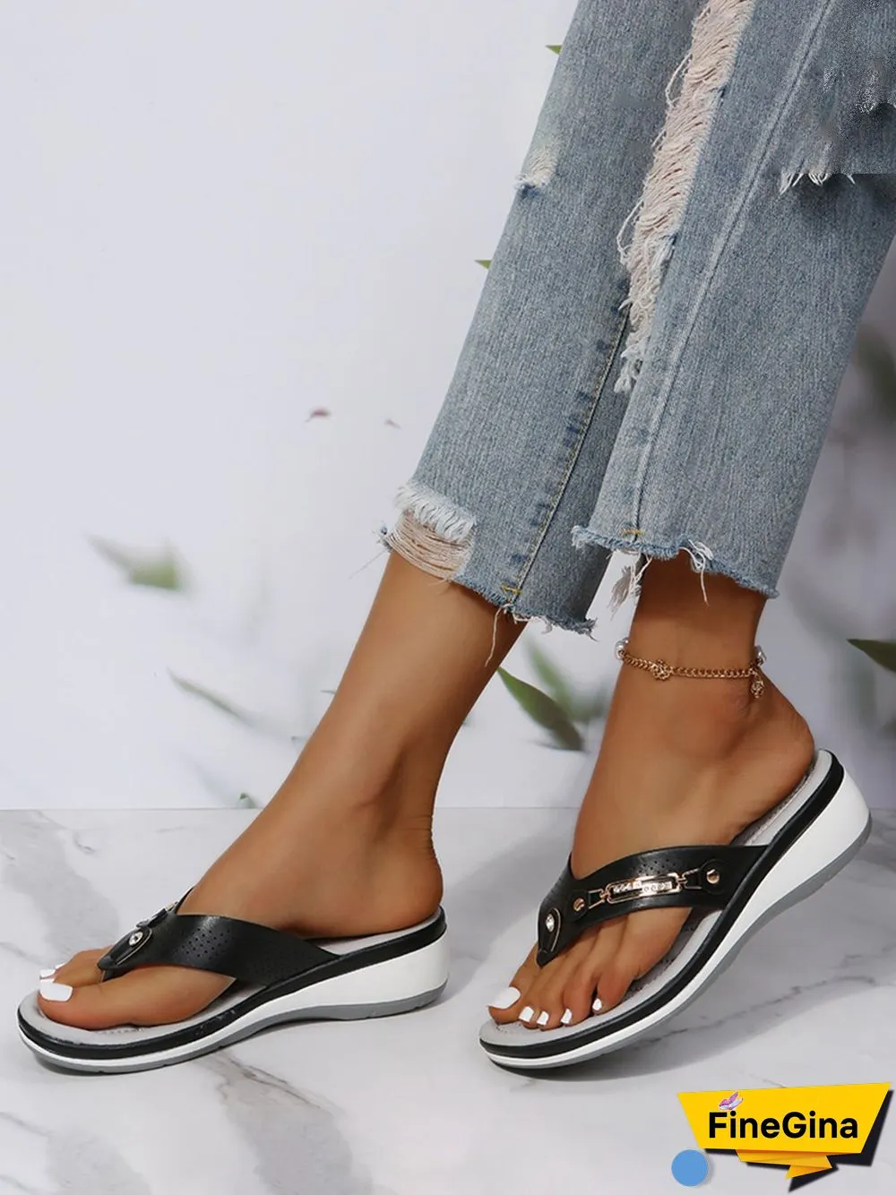Metal Rhinestone Slope Heel Flip-Flops