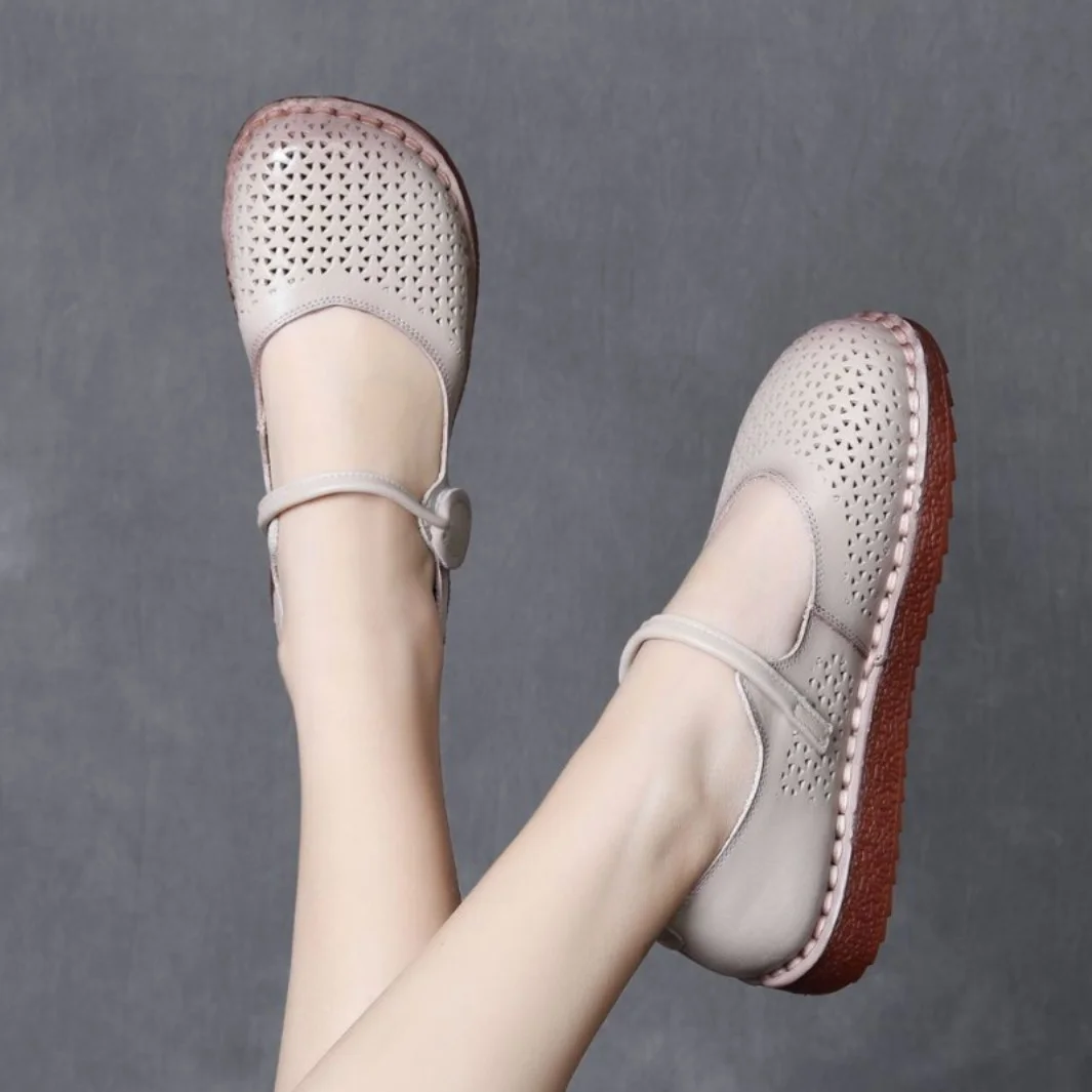 Yyvonne Time 99] Head-Level Cowhair Retro Hollow Sandals Women's Summer Flat Hole Shoes Comfortable Breathable Mother Shoes