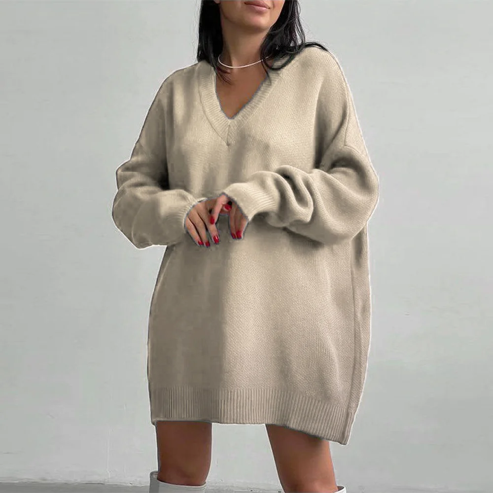 Solid Color V-neck Long-sleeve Knitted Sweater Dress