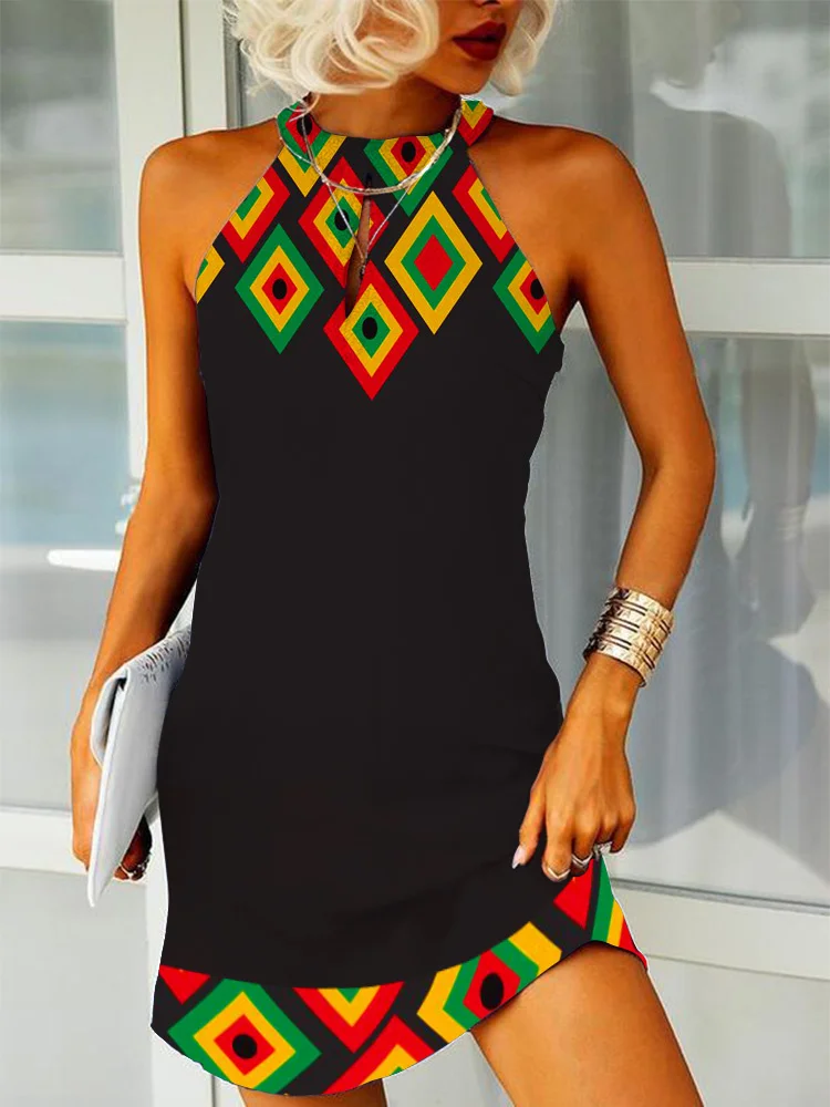 Traditional African Geometry Print Halter Neck Mini Dress