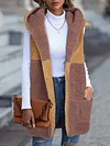Color Block Hooded Teddy Vest, Casual Open Front Sleeveless Vest, Women's Clothing