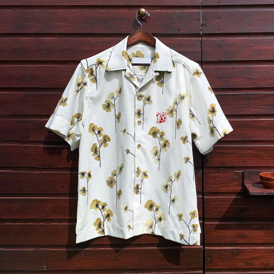 menweary Japanese Ginkgo Biloba Embroidery Art Linen Blend Cuban Collar Shirt