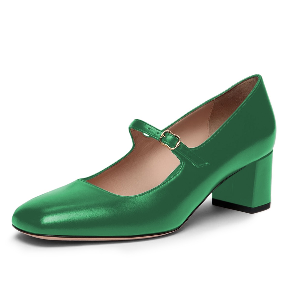 Ladies Green Square Toe Buckle Strap Block Heeled Mary Janes Nicepairs
