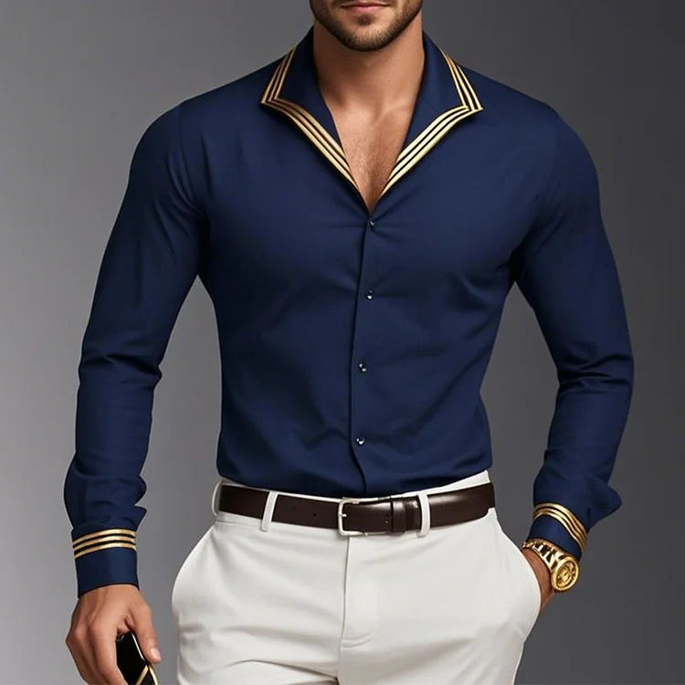Okaywear Bronzing Stripes Lapel Collar Button Long Sleeve Shirt 