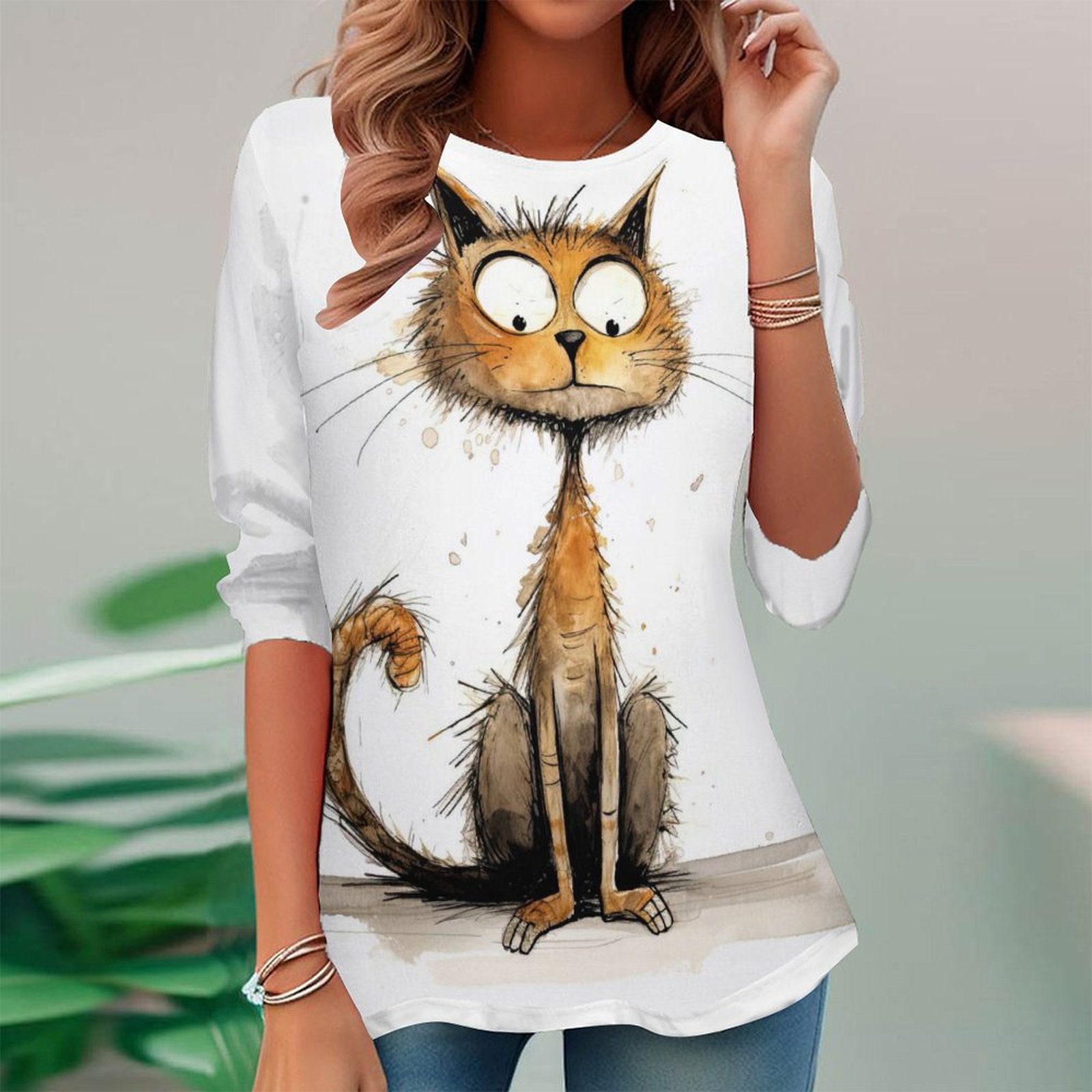 Women Long Sleeve V-neck Graphic Floral Printed Top