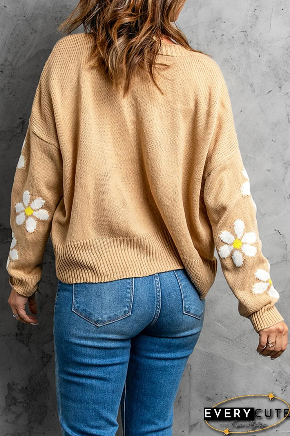 Khaki Daisy Pattern Knit Button Front Cardigan