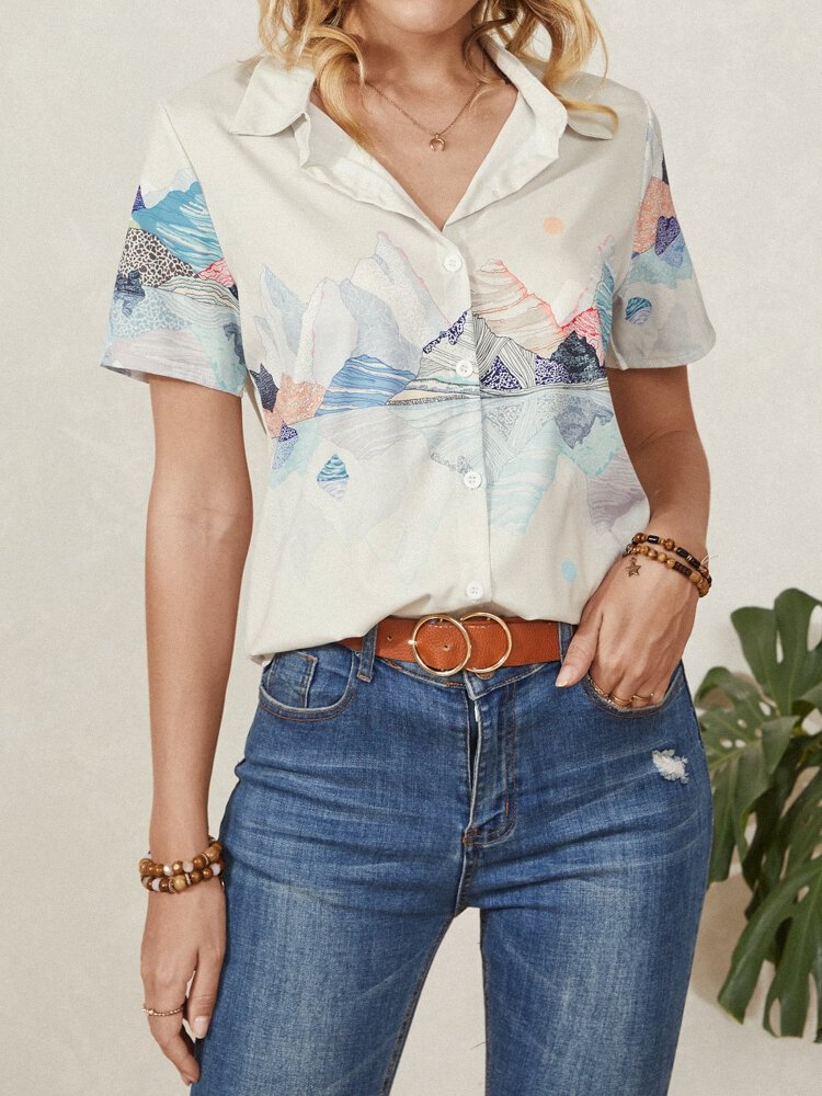 Landscape Prints Lapel Short Sleeve Button Casual Blouse For Women P1835091