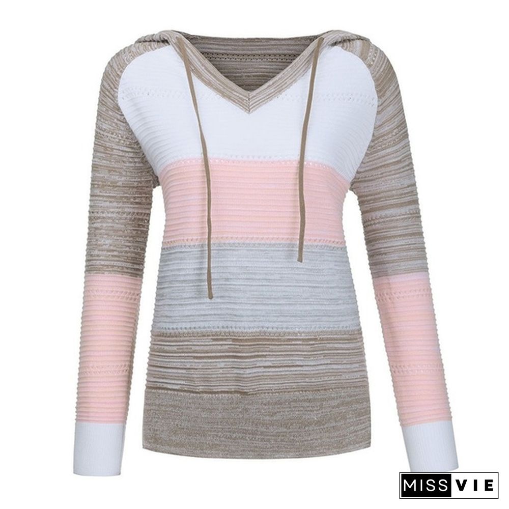 New Fashion Stitching V-neck Hooded Sweaters for Women Autumn Hollow-out Knitted Sweater Color Block Pullover Hoodies Coat