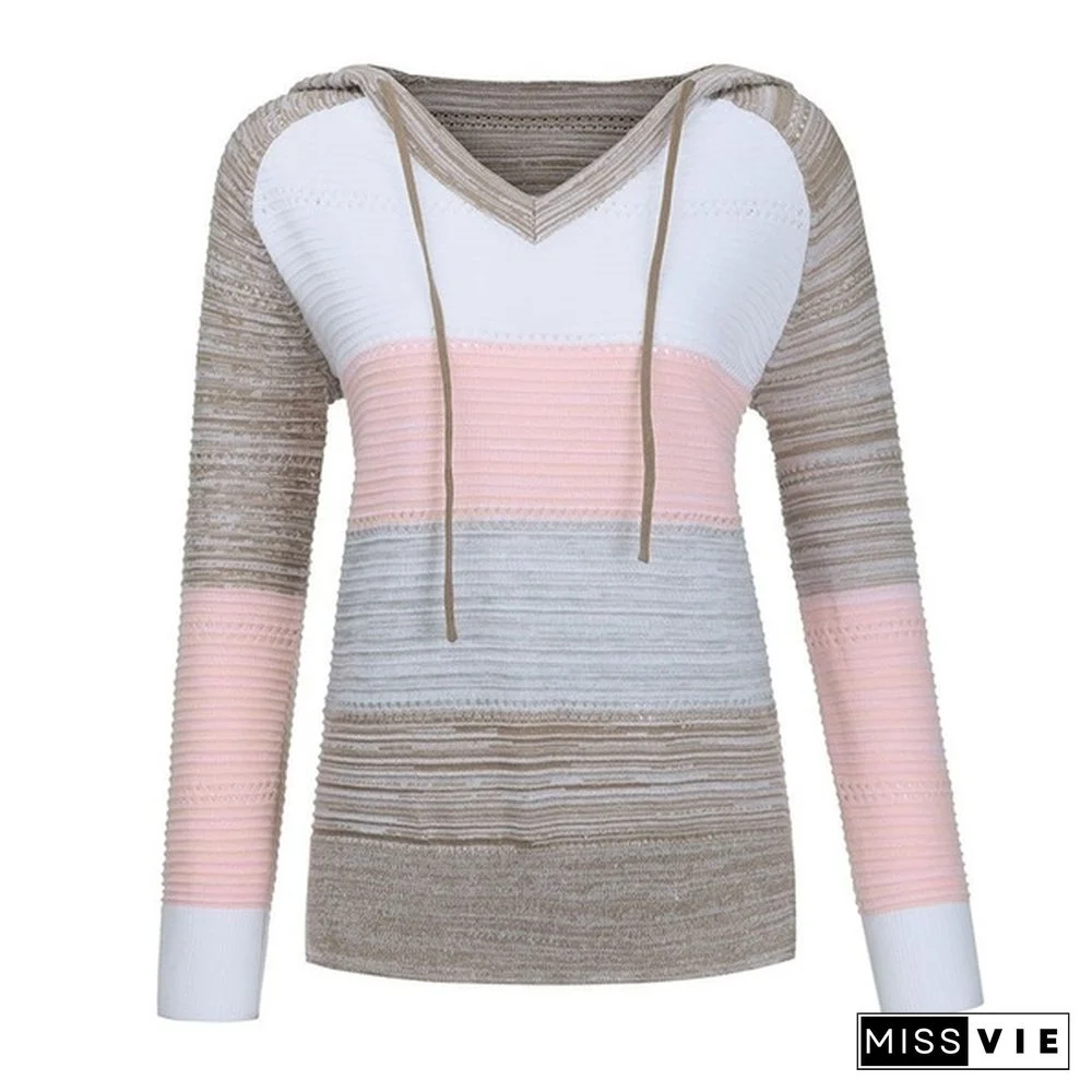 New Fashion Stitching V-neck Hooded Sweaters for Women Autumn Hollow-out Knitted Sweater Color Block Pullover Hoodies Coat