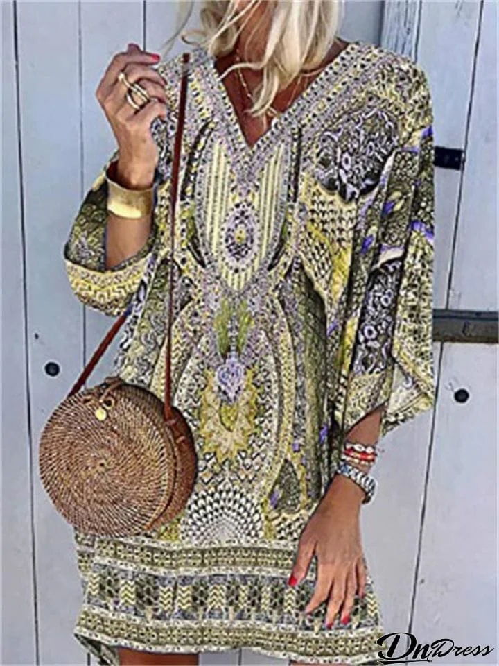 Women's Bohemia Style V Neck Long Sleeve Printed Summer Dress