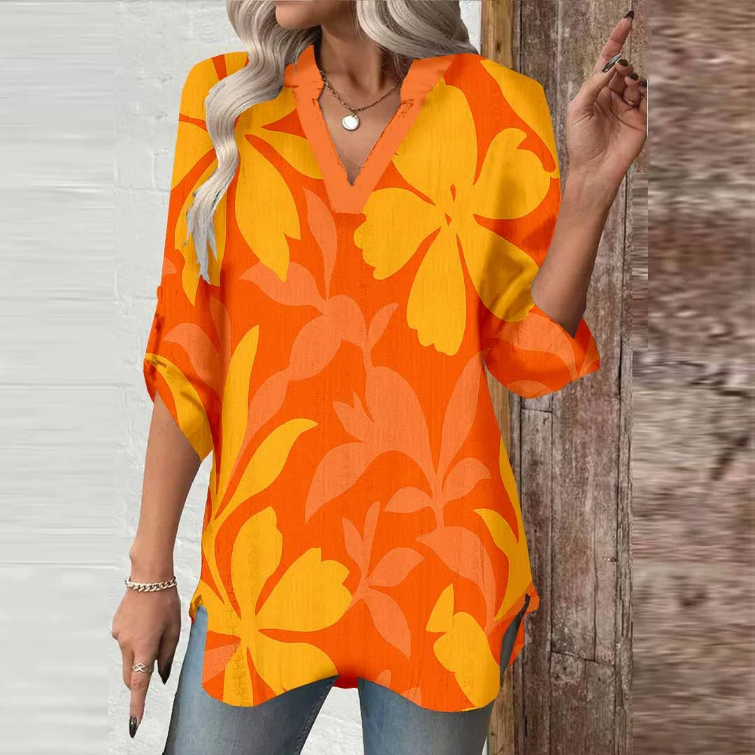 Women Tropical, Floral, Orange DZGA0089 3/4 Sleeve V-neck Printed Graphic Button Tops