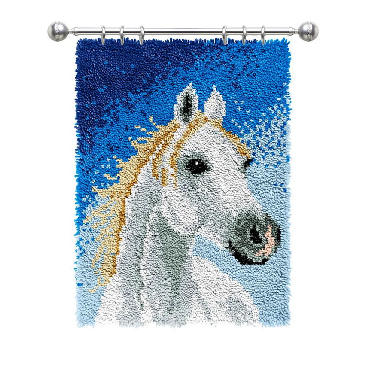 Large Size-White Horse Rug Latch Hook Kits for Beginners veirousa