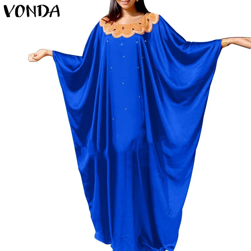 Party Pleated Bat-Sleeve Baggy Vestidos VONDA Women Round Neck Printed Long Maxi Dresses 2022 Elegant Beach Sundress Female Robe