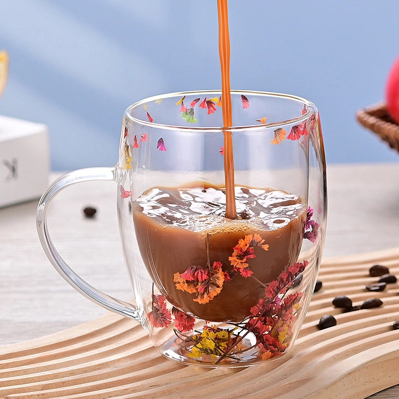 Double-layer Glass Quicksand Flower Cup Borosilicate Glass Double-layer Cup Breakfast Milk Coffee Cup Household Drinking Cup