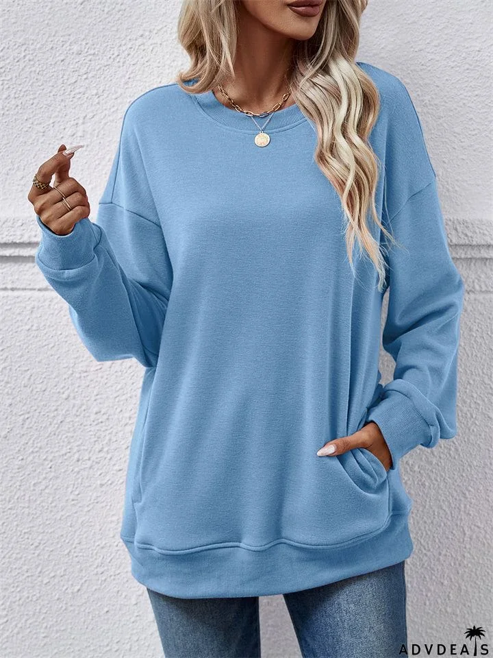 Women's Fleece Loose Round Neck Pocket Tops Hoodies