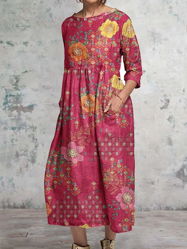 Women's Vintage Floral Art Pattern Round Neck Cotton and Linen Dress with Pockets