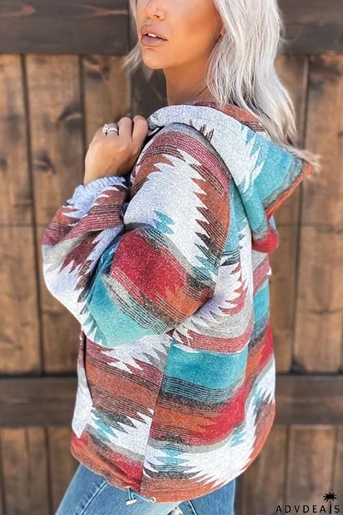 Sunset Aztec Print Pocketed Hoodie
