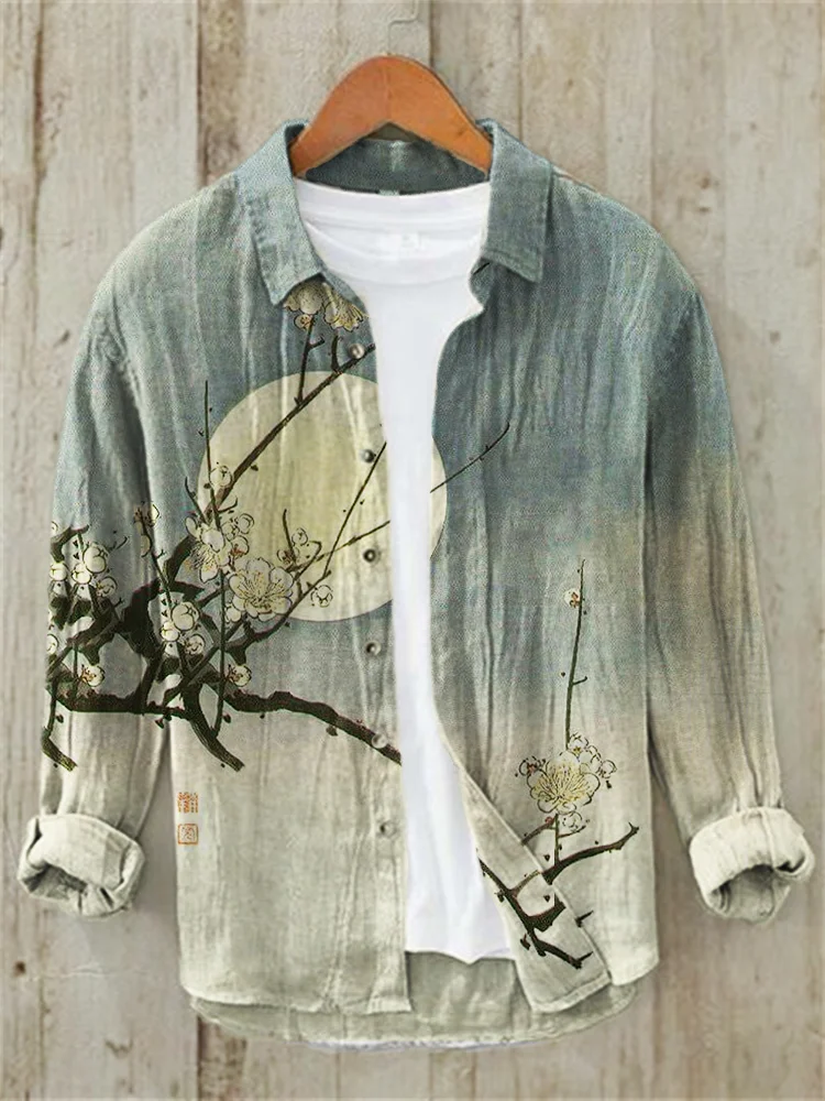 Comstylish Plum Blossom Full Moon Night Gradient Japanese Art Linen Blend Shirt
